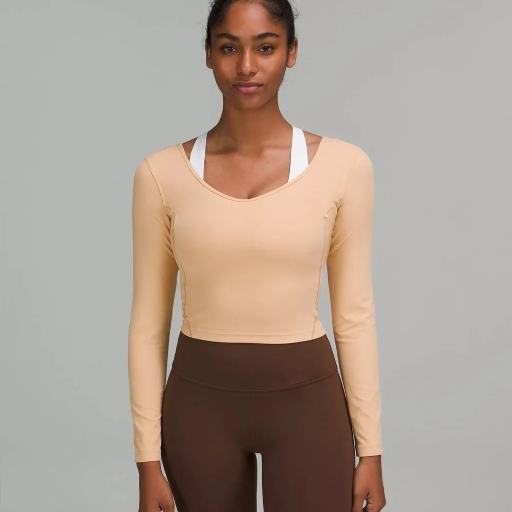 Lululemon women 0 xs top shirt align long sleeve seamless weightless tan workout